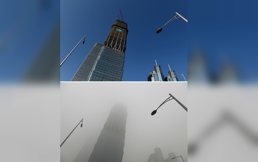 This combination image of two photographs taken on December 3, 2015 (top) and two days earlier on December 1 (bottom) shows a skyscraper under clear skies and in heavy pollution, as seen in the central business district in Beijing. The skies cleared in Beijing on December 2 and 3, after being swathed in choking smog that was nearly 24 times safe levels earlier in the week. AFP PHOTO / GREG BAKER / AFP / GREG BAKER (Photo credit should read GREG BAKER/AFP/Getty Images)
