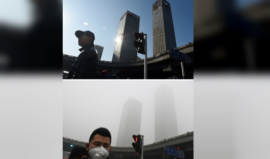 This combination image of two photographs taken on December 3, 2015 (top) and two days earlier on December 1 (bottom) shows pedestrians walking past buildings under clear skies and in heavy pollution in the central business district in Beijing. The skies cleared in Beijing on December 2 and 3, after being swathed in choking smog that was nearly 24 times safe levels earlier in the week. AFP PHOTO / GREG BAKER / AFP / GREG BAKER (Photo credit should read GREG BAKER/AFP/Getty Images)