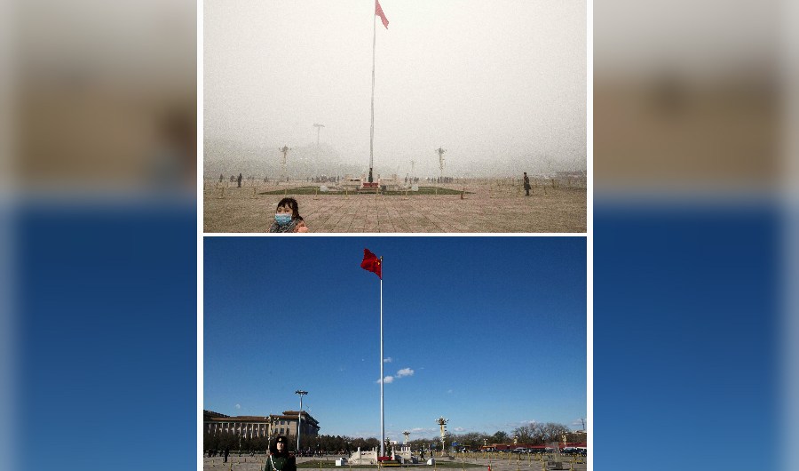 In this composite of two separate images, Tiananmen Square is seen in heavy pollution, top, on December 1 and 24 hours later under a clear sky on December 2, 2015 in Beijing, China. Until a strong north wind arrived late Tuesday, China's capital and many cities in the northern part of the country recorded the worst smog of the year on November 30 and December 1, 2015 with air quality devices in some areas unable to read such high levels of pollutants. Levels of PM 2.5, considered the most hazardous, crossed 600 units in Beijing, nearly 25 times the acceptable standard set by the World Health Organization. The governments of more than 190 countries are meeting in Paris this week to set targets on reducing carbon emissions in an attempt to forge a new global agreement on climate change.(Photo by Kevin Frayer/Getty Images)