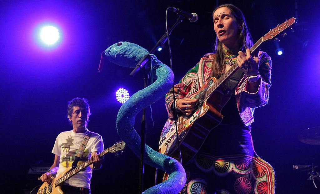 INDIO, CA - APRIL 17: Musicians Hector Buitrago (L) and Andrea Echeverri of the band Aterciopelados performs during day two of the Coachella Valley Music & Arts Festival 2010 held at the Empire Polo Club on April 17, 2010 in Indio, California. (Photo by Noel Vasquez/Getty Images)