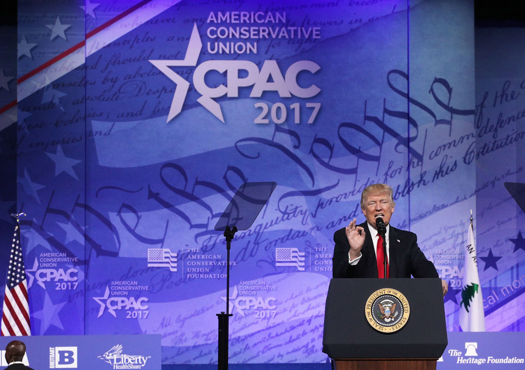 NATIONAL HARBOR, MD - FEBRUARY 24: U.S. President Donald Trump addresses the Conservative Political Action Conference at the Gaylord National Resort and Convention Center February 24, 2017 in National Harbor, Maryland. Hosted by the American Conservative Union, CPAC is an annual gathering of right wing politicians, commentators and their supporters. (Photo by Alex Wong/Getty Images)