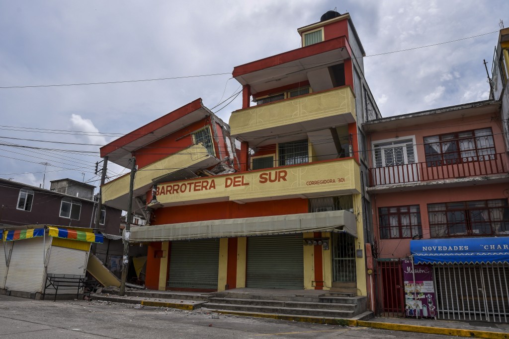 Picture of a building which was severely damaged with the powerful earthquake that struck Mexico overnight, taken in Matias Romero, Oaxaca State, on September 8, 2017. Mexico's most powerful earthquake in a century killed at least 35 people, officials said Friday, after it struck the Pacific coast, wrecking homes and sending families fleeing into the streets. / AFP PHOTO / VICTORIA RAZO (Photo credit should read VICTORIA RAZO/AFP/Getty Images)