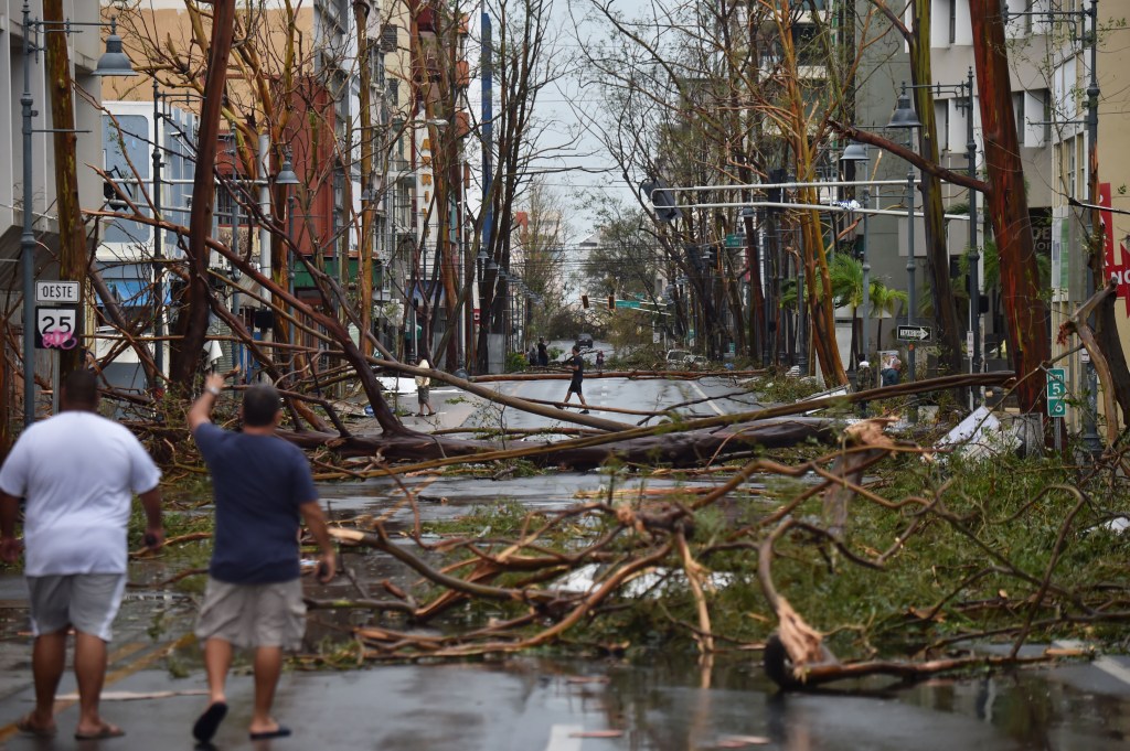 TOPSHOT - Men walk damaged trees after the passage of Hurricane Maria, in San Juan, Puerto Rico, on September 20, 2017. Maria slammed into Puerto Rico on, cutting power on most of the US territory as terrified residents hunkered down in the face of the island's worst storm in living memory. After leaving a deadly trail of destruction on a string of smaller Caribbean islands, Maria made landfall on Puerto Rico's southeast coast around daybreak, packing winds of around 150mph (240kph). / AFP PHOTO / HECTOR RETAMAL (Photo credit should read HECTOR RETAMAL/AFP/Getty Images)