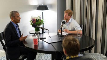 In this undated photo issued on Sunday Dec. 17, 2017 by Kensington Palace courtesy of the Obama Foundation, Britain's Prince Harry, right, interviews former US President Barack Obama as part of his guest editorship of BBC Radio 4's Today programme which is to be broadcast on the December 27, 2017. The interview was recorded in Toronto in September 2017 during the Invictus Games. (Kensington Palace courtesy of The Obama Foundation via AP)
