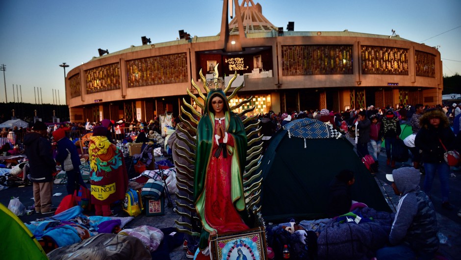 An image of the Virgin of Guadalupe is seen in the atrium of the Guadalupe Basilica during the feast of the Virgin of Guadalupe, patron saint of Mexico in Mexico City on December 12, 2017. Millions of pilgrims visit Mexico City's Guadalupe Basilica to honour the country's patron saint, the Virgin of Guadalupe. / AFP PHOTO / Pedro PARDO (Photo credit should read PEDRO PARDO/AFP/Getty Images)