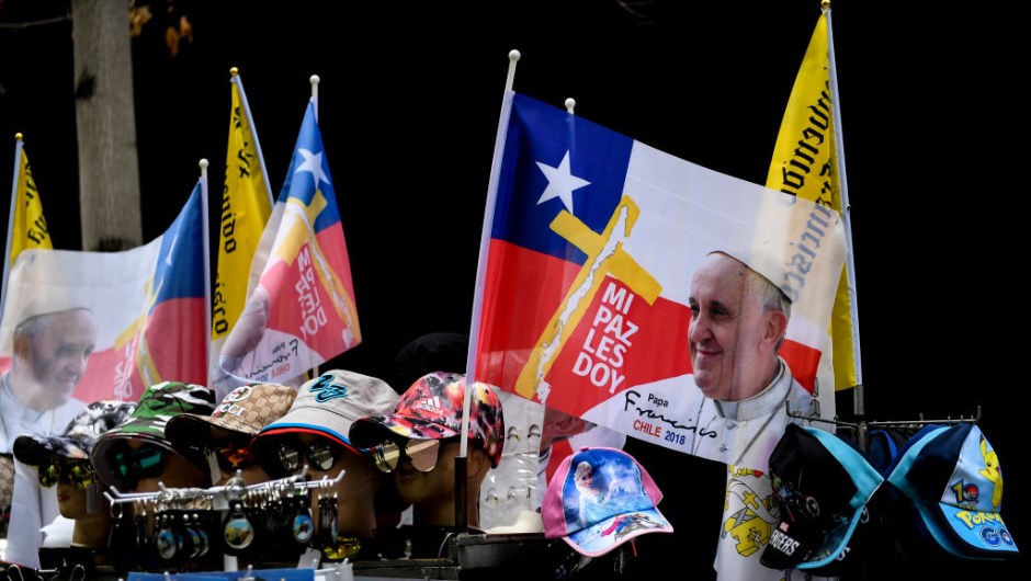 Merchandise depicting Pope Francis is sold in Santiago ahead of the pontiff's visit to Chile, on January 13, 2018. Pope Francis will be visiting Chile from January 15 to 18. / AFP PHOTO / MARTIN BERNETTI (Photo credit should read MARTIN BERNETTI/AFP/Getty Images)