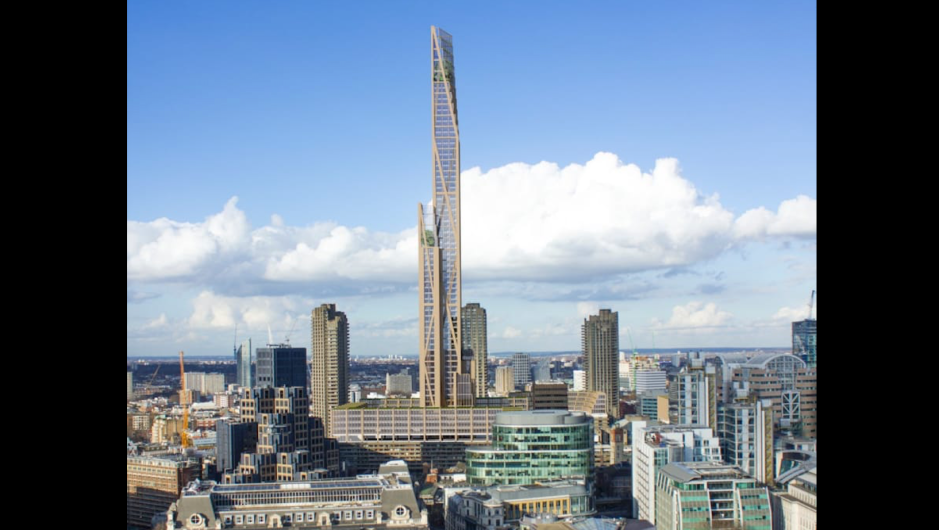 Con una altura de 80 pisos, sería el primer rascacielos de madera de Londres y otra contribución a la tendencia creciente de hacer estructuras enteramente en madera. Foto: Cortesía de PLP arquitecture