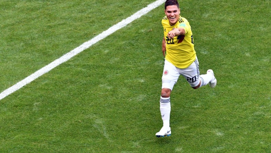 Colombia's midfielder Juan Quintero celebrates after scoring the equalizer during the Russia 2018 World Cup Group H football match between Colombia and Japan at the Mordovia Arena in Saransk on June 19, 2018. (Photo by Mladen ANTONOV / AFP) / RESTRICTED TO EDITORIAL USE - NO MOBILE PUSH ALERTS/DOWNLOADS (Photo credit should read MLADEN ANTONOV/AFP/Getty Images)