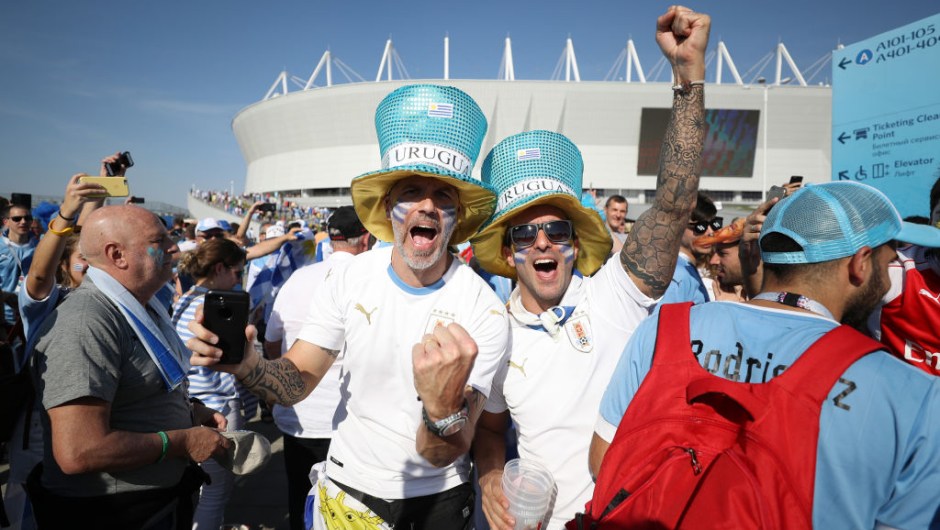 ROSTOV-ON-DON, RUSSIA - JUNE 20: Uruguay fans enjoy the pre match atmosphere prior to the 2018 FIFA World Cup Russia group A match between Uruguay and Saudi Arabia at Rostov Arena on June 20, 2018 in Rostov-on-Don, Russia. (Photo by Clive Rose/Getty Images)