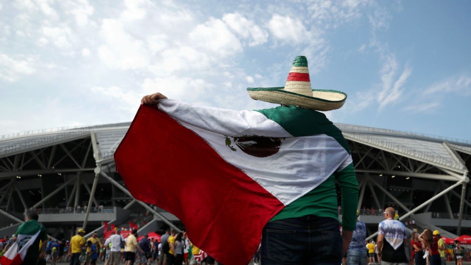 SAMARA, RUSSIA - JULY 02: Mexico fans enjoy the pre match atmosphere prior to the 2018 FIFA World Cup Russia Round of 16 match between Brazil and Mexico at Samara Arena on July 2, 2018 in Samara, Russia. (Photo by Ryan Pierse/Getty Images)