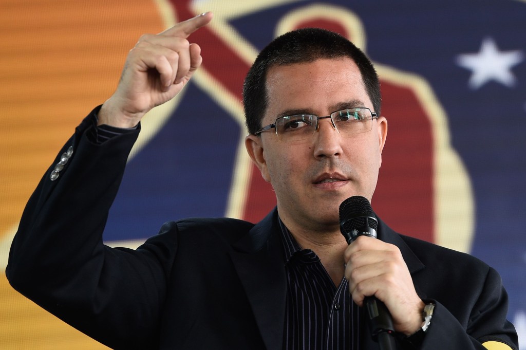 Venezuela's Foreign Minister Jorge Arreaza delivers a speech during a commemoration for the "27th Anniversary of the Military Rebellion of the 4FEB92 and National Dignity Day", at the Foreign Ministry in Caracas, on February 4, 2019. - The United Nations will not join any group of nations promoting initiatives to resolve the crisis in Venezuela, the UN chief said Monday, indicating he will not attend a meeting in Uruguay this week of several countries. Mexico and Uruguay had hoped that UN Secretary-General Antonio Guterres would attend a conference in Montevideo on Thursday aimed at promoting dialogue between Venezuela's President Nicolas Maduro and opposition leader Juan Guaido. (Photo by Federico PARRA / AFP) (Photo credit should read FEDERICO PARRA/AFP/Getty Images)