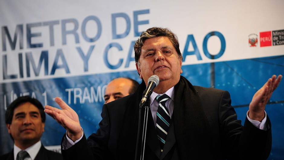 Peruvian President Alan Garcia speaks to the media during the inauguration of the first section for the electric train in Lima on July 11, 2011. AFP PHOTO/ERNESTO BENAVIDES (Photo credit should read ERNESTO BENAVIDES/AFP/Getty Images)