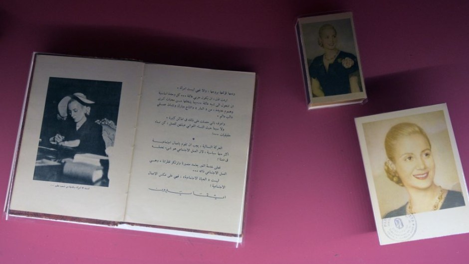 View of an arabic translation of the book "La razon de mi vida" (The Reason for My Life) writen by former Argentina's First Lady (1946-1952) Eva Peron (1919-1952), exhibited at the Evita Museum, in Buenos Aires on May 6, 2019. - May 7th marks the 100th anniversary of Eva Duarte de Peron's (Evita) birth, who was called the "standard-bearer of the humble". (Photo by JUAN MABROMATA / AFP) (Photo credit should read JUAN MABROMATA/AFP/Getty Images)