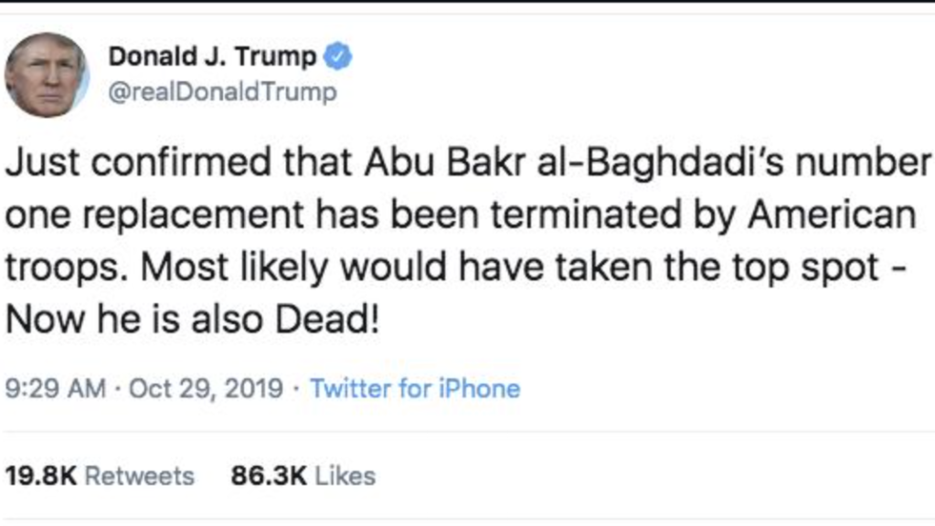 Trump anuncia que muere el segundo al mando de ISIS