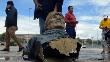 View of a bust of Bolivian ex-President Evo Morales after it was knocked down by employees of the Bolivian Ministry of Sports outside a sports center in Cochabamba, Bolivia, on January 13, 2020. - The sports center, which used to be called Evo Morales, changed its name for Quillacollo. (Photo by STR / AFP) (Photo by STR/AFP via Getty Images)