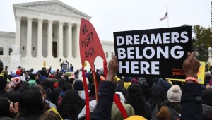 Immigration rights activists take part in a rally in front of the US Supreme Court in Washington, DC on November 12, 2019. - The US Supreme Court hears arguments on November 12, 2019 on the fate of the "Dreamers," an estimated 700,000 people brought to the country illegally as children but allowed to stay and work under a program created by former president Barack Obama.Known as Deferred Action for Childhood Arrivals or DACA, the program came under attack from President Donald Trump who wants it terminated, and expired last year after the Congress failed to come up with a replacement. (Photo by Saul LOEB / AFP) (Photo by SAUL LOEB/AFP via Getty Images)